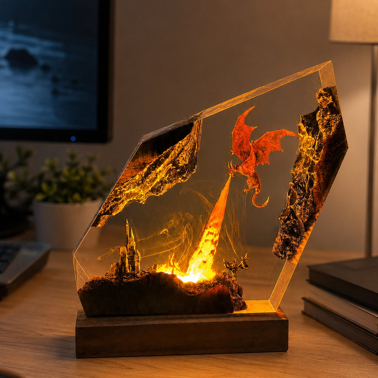Ejderha Savaşı – El Yapımı 3D Reçine LED Gece Lambası